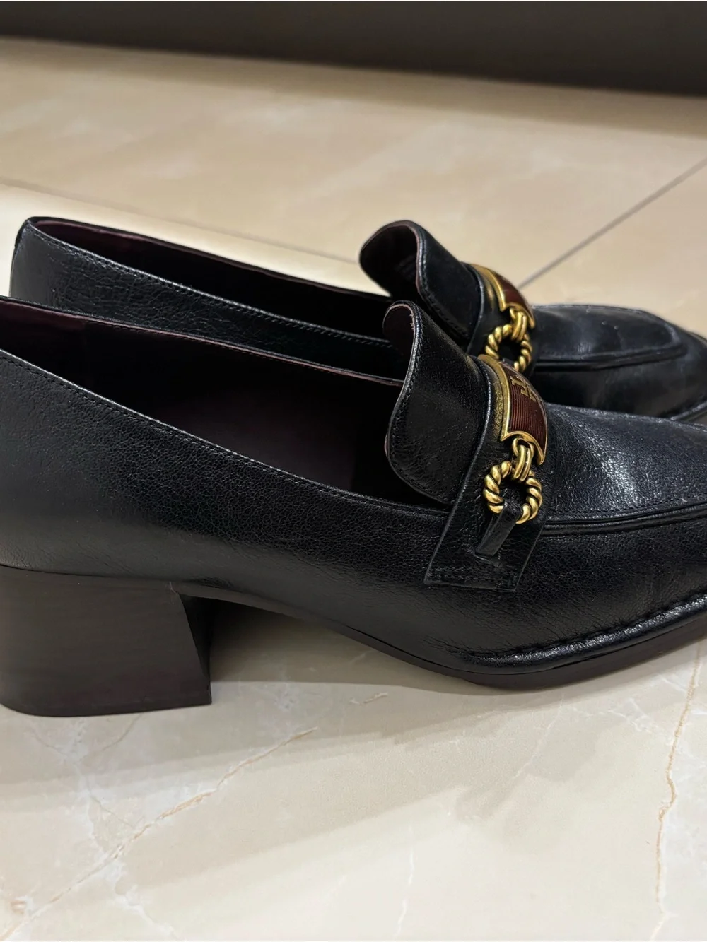 Tory Burch Black Leather Heeled Loafers with Gold Accent